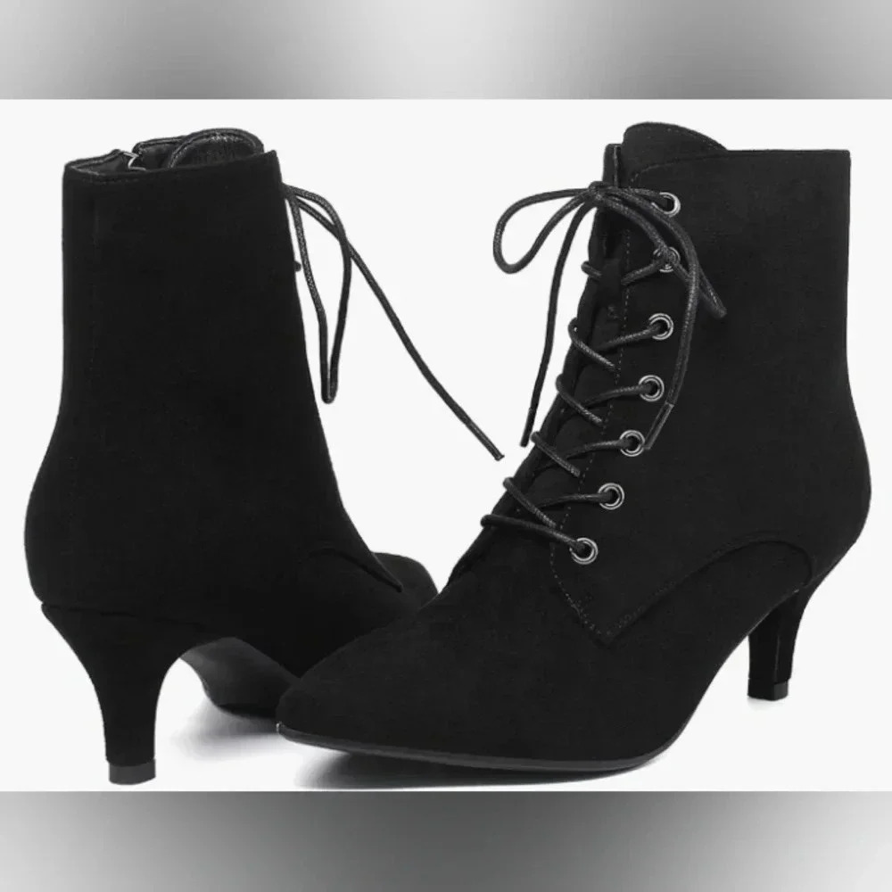Black suede Kitten Heels Lace Up Ankle Boots Low Mid Side Zipper Short BootiES